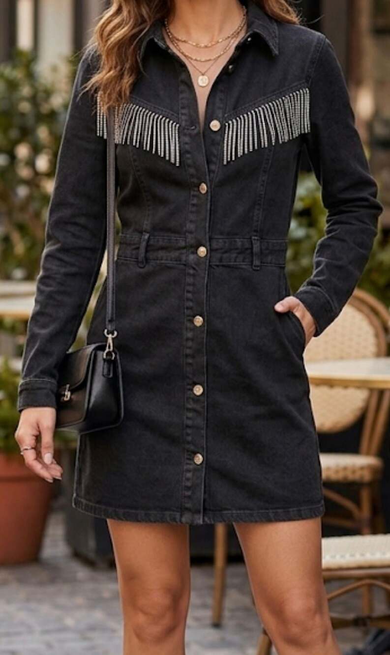 Zara Black Rhinestone Fringed Denim Western Mini Dress